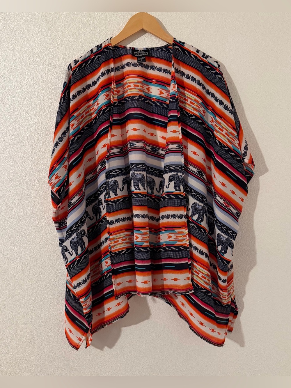 Angie Kimono Topper Womens Large Southwestern Aztec Elephants Print Open Front